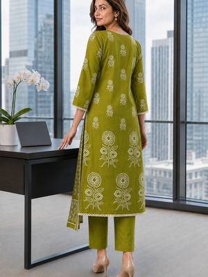 women ethnic motifs printed regular mirror work  cotton kurta with trousers & with dupatta 3