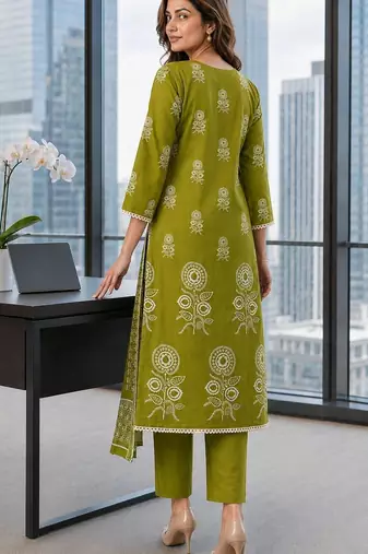 women ethnic motifs printed regular mirror work  cotton kurta with trousers & with dupatta