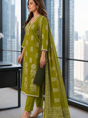 women ethnic motifs printed regular mirror work  cotton kurta with trousers & with dupatta 4