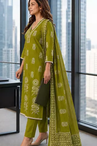 women ethnic motifs printed regular mirror work  cotton kurta with trousers & with dupatta