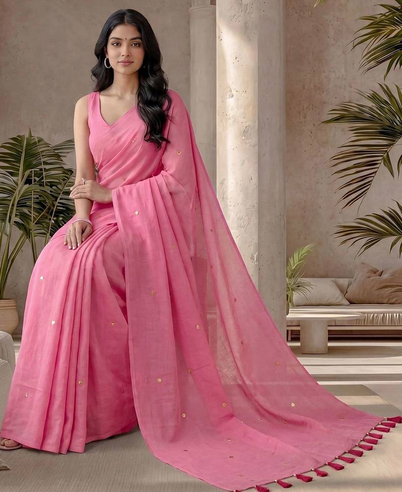 Pink zari  cotton designer khadi saree