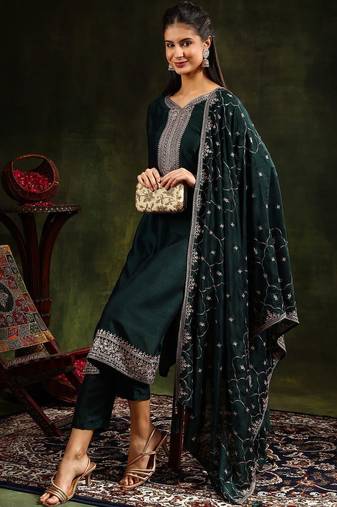 women ethnic motifs embroidered regular kurta with trousers & with dupatta