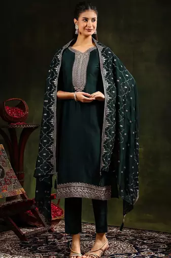 women ethnic motifs embroidered regular kurta with trousers & with dupatta