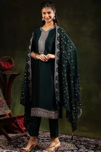 women ethnic motifs embroidered regular kurta with trousers & with dupatta