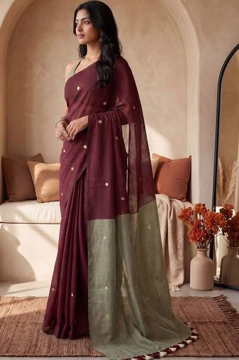 Maroon sequinned  cotton designer khadi saree