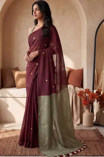 Maroon sequinned  cotton designer khadi saree
