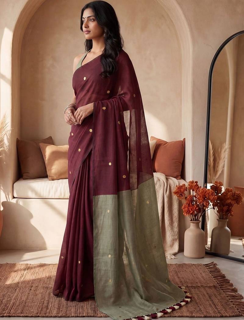 Maroon sequinned  cotton designer khadi saree