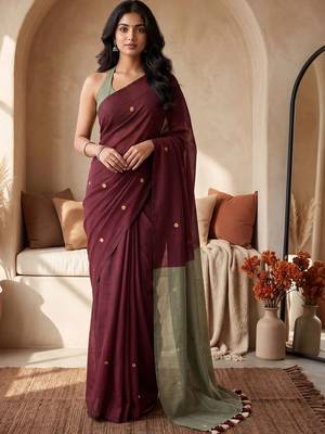 Maroon sequinned  cotton designer khadi saree 2