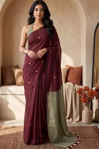 Maroon sequinned  cotton designer khadi saree