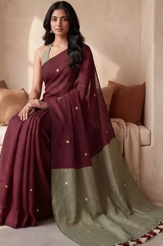 Maroon sequinned  cotton designer khadi saree