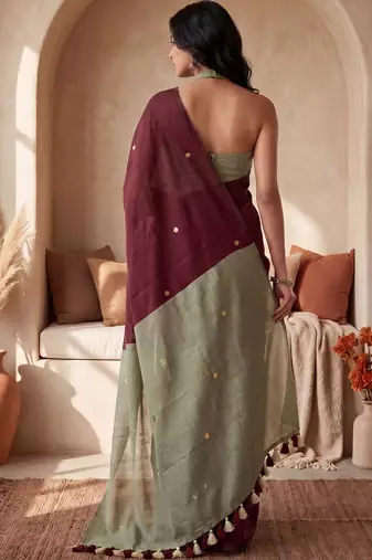 Maroon sequinned  cotton designer khadi saree