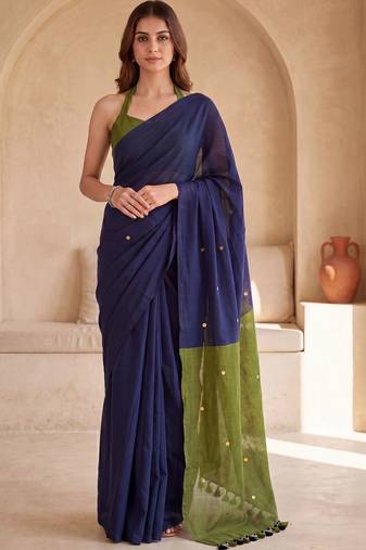 Navy blue embellished sequinned  cotton designer khadi saree