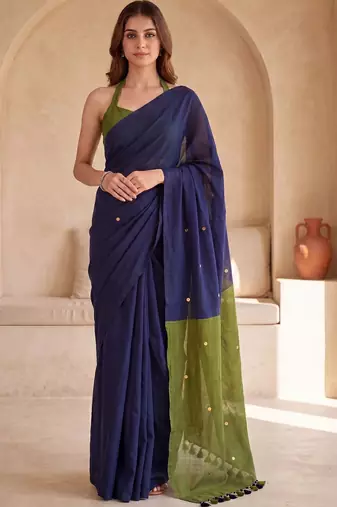 Navy blue embellished sequinned  cotton designer khadi saree