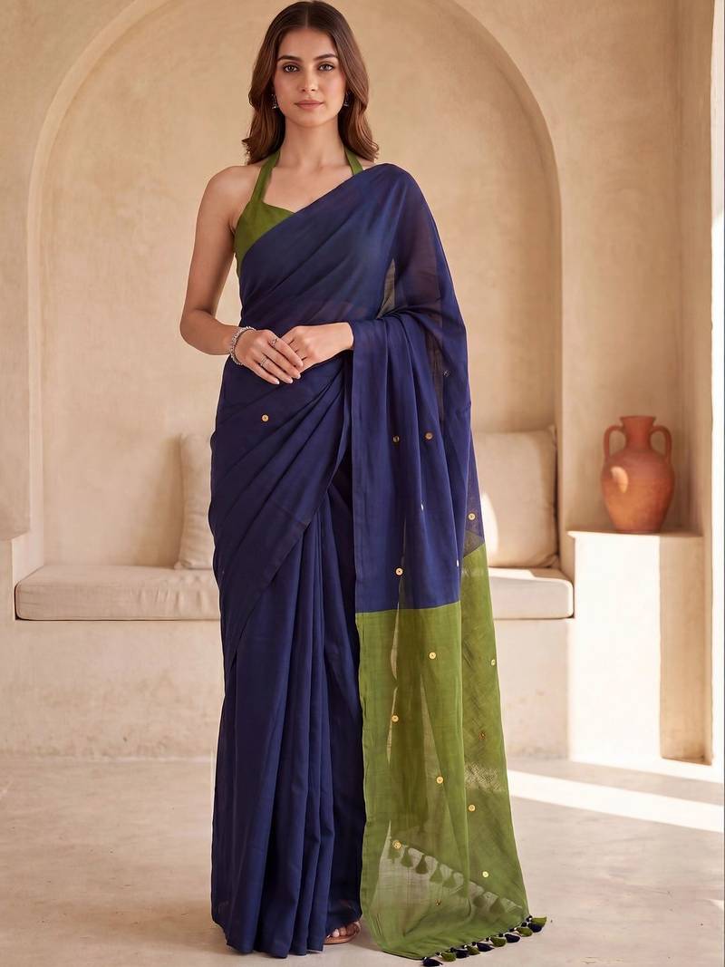Navy blue embellished sequinned  cotton designer khadi saree