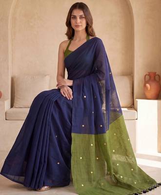 Navy blue embellished sequinned  cotton designer khadi saree 2