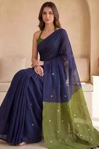 Navy blue embellished sequinned  cotton designer khadi saree