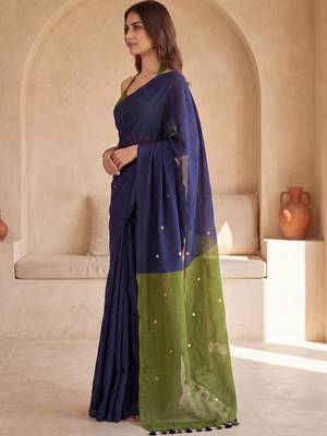Navy blue embellished sequinned  cotton designer khadi saree 3