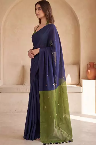 Navy blue embellished sequinned  cotton designer khadi saree
