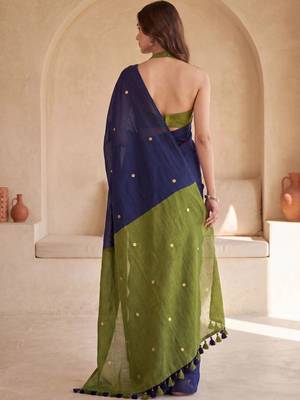 Navy blue embellished sequinned  cotton designer khadi saree 4