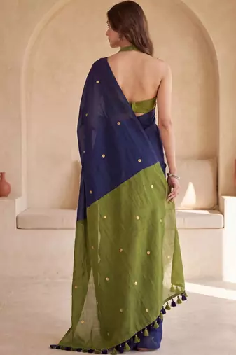 Navy blue embellished sequinned  cotton designer khadi saree