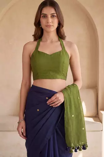 Navy blue embellished sequinned  cotton designer khadi saree