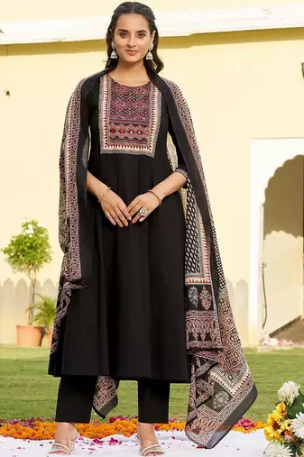 women ethnic motifs printed regular  cotton kurta with trousers & with dupatta