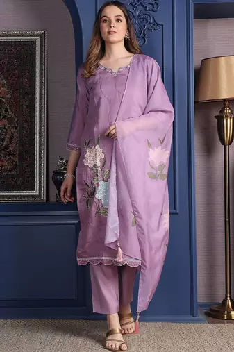 floral embroidered  cotton straight kurta with trousers & dupatta