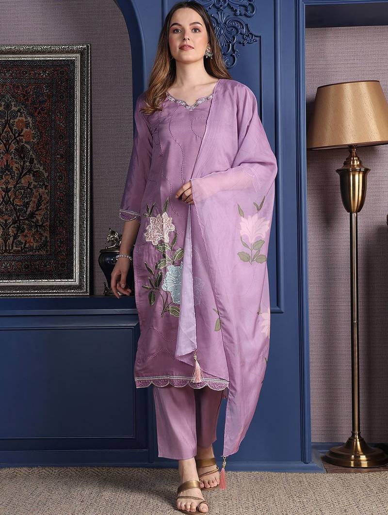 floral embroidered  cotton straight kurta with trousers & dupatta