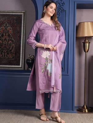 floral embroidered  cotton straight kurta with trousers & dupatta 3