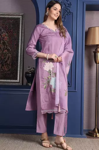 floral embroidered  cotton straight kurta with trousers & dupatta
