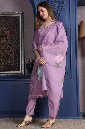 floral embroidered  cotton straight kurta with trousers & dupatta