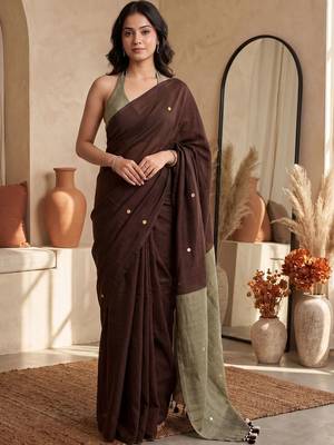 Brown embellished sequinned  cotton designer khadi saree 1