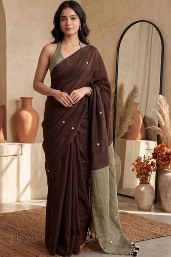 Brown embellished sequinned  cotton designer khadi saree