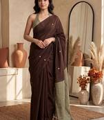 Brown embellished sequinned  cotton designer khadi saree