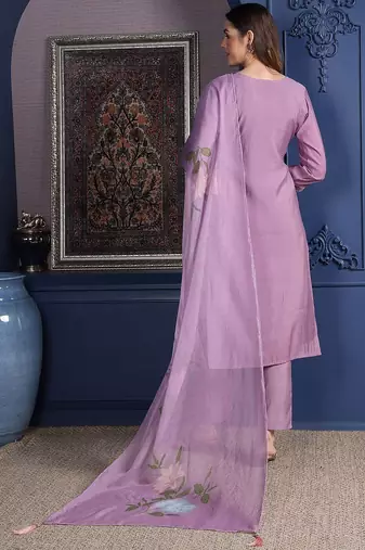 floral embroidered  cotton straight kurta with trousers & dupatta