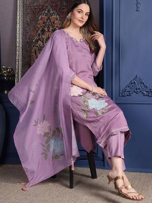 floral embroidered  cotton straight kurta with trousers & dupatta 6