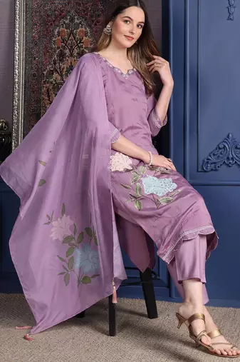 floral embroidered  cotton straight kurta with trousers & dupatta