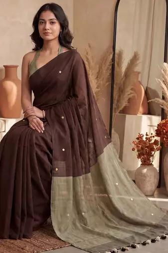 Brown embellished sequinned  cotton designer khadi saree