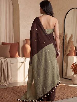 Brown embellished sequinned  cotton designer khadi saree 3