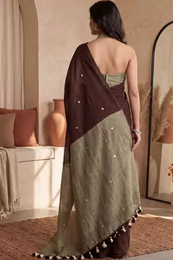 Brown embellished sequinned  cotton designer khadi saree