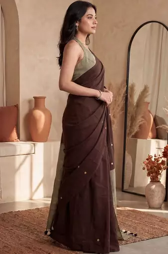 Brown embellished sequinned  cotton designer khadi saree