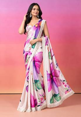 floral satin shoulder pre-pleated ready to wear saree 1