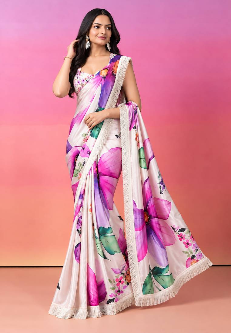 floral satin shoulder pre-pleated ready to wear saree