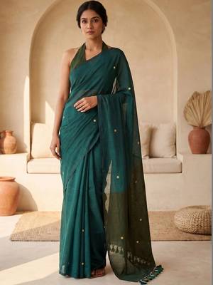 Green embellished sequinned  cotton designer khadi saree 1