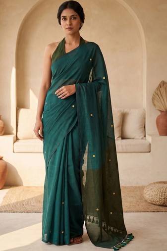 Green embellished sequinned  cotton designer khadi saree