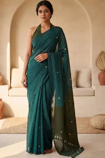 Green embellished sequinned  cotton designer khadi saree