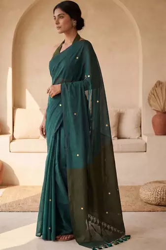 Green embellished sequinned  cotton designer khadi saree