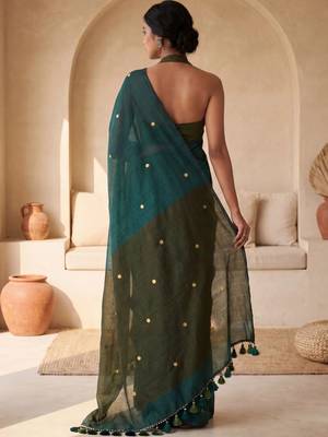 Green embellished sequinned  cotton designer khadi saree 3