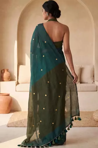 Green embellished sequinned  cotton designer khadi saree