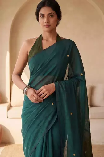 Green embellished sequinned  cotton designer khadi saree